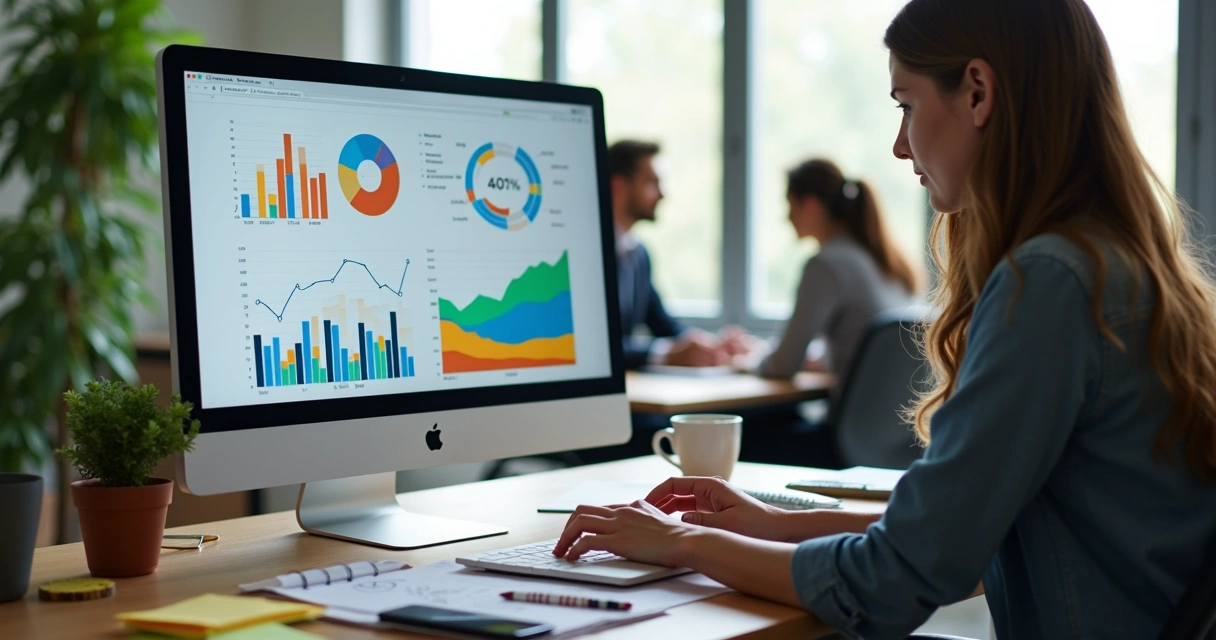 Profissional analisando perfil e dados de persona em tela de computador com gráficos e anotações ao redor
