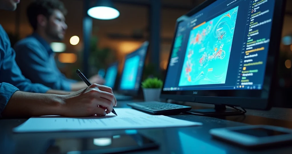Equipe profissional de marketing reunida trabalhando em estratégias para escritório contábil com computadores e gráficos digitais