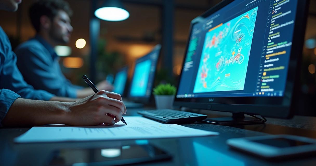 Equipe profissional de marketing reunida trabalhando em estratégias para escritório contábil com computadores e gráficos digitais