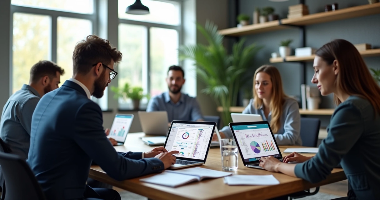 Escritório contábil moderno com profissionais diante de telas digitais exibindo gráficos e dados de marketing