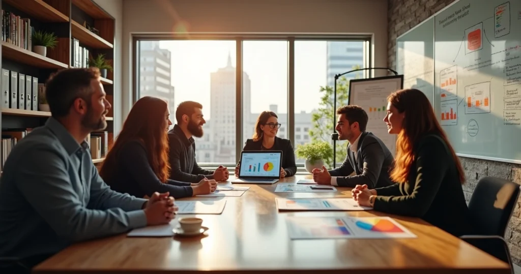 Equipe de contabilidade reunida em escritório moderno discutindo estratégia com laptop e gráficos na mesa