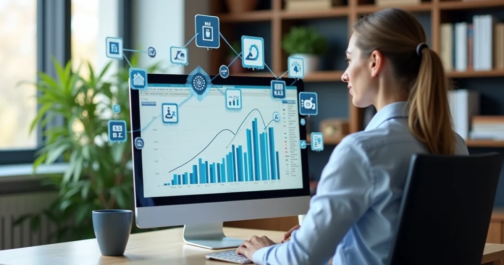 Profissional em escritório moderno analisando gráficos digitais de marketing para contabilidade em tela de computador com ícones de redes sociais e SEO ao redor