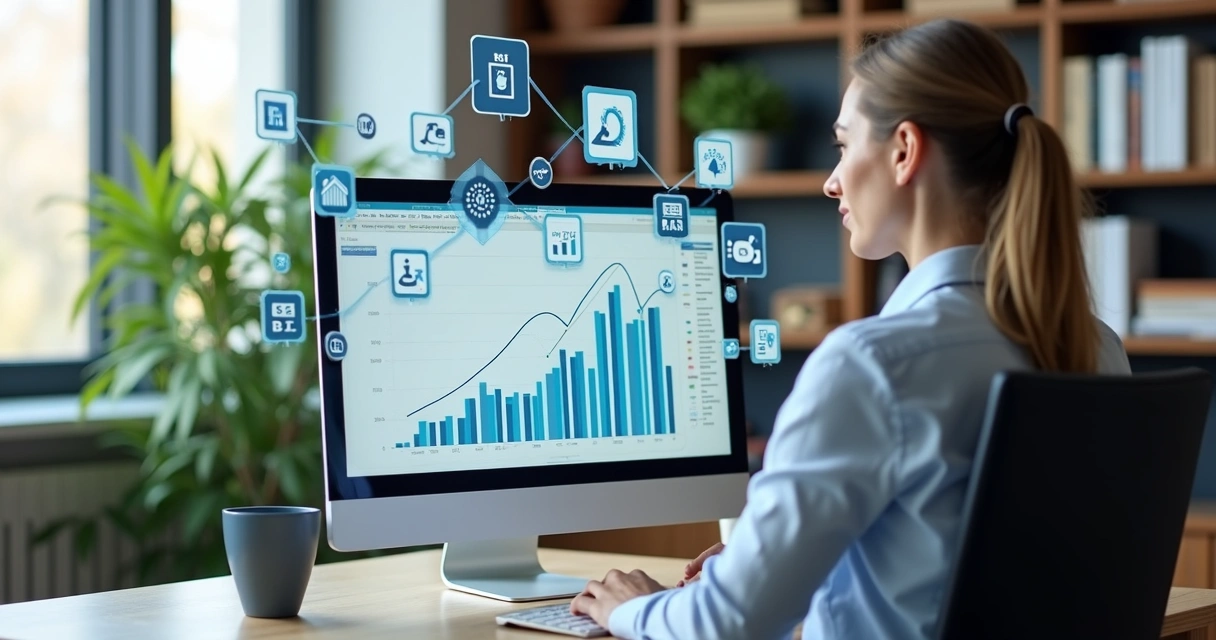 Profissional em escritório moderno analisando gráficos digitais de marketing para contabilidade em tela de computador com ícones de redes sociais e SEO ao redor