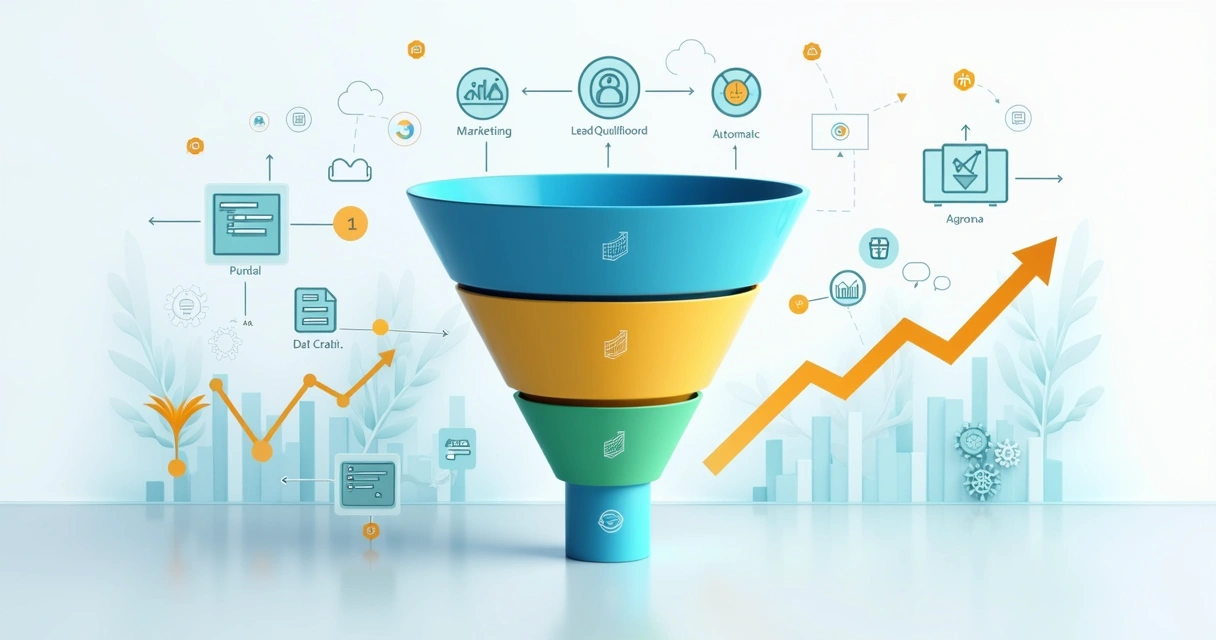 Representação detalhada do funil de vendas dividido em três etapas com gráficos e ícones de marketing digital em fundo claro