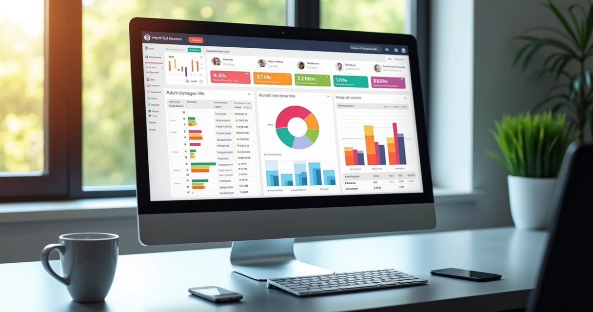Tela de computador exibindo dashboard moderno de CRM com gráficos de vendas e gestão de clientes