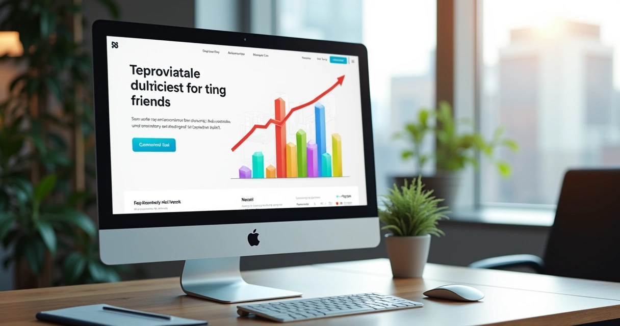 Tela de computador exibindo landing page para contabilidade, com formulário de captura de leads e gráfico de conversão colorido ao lado